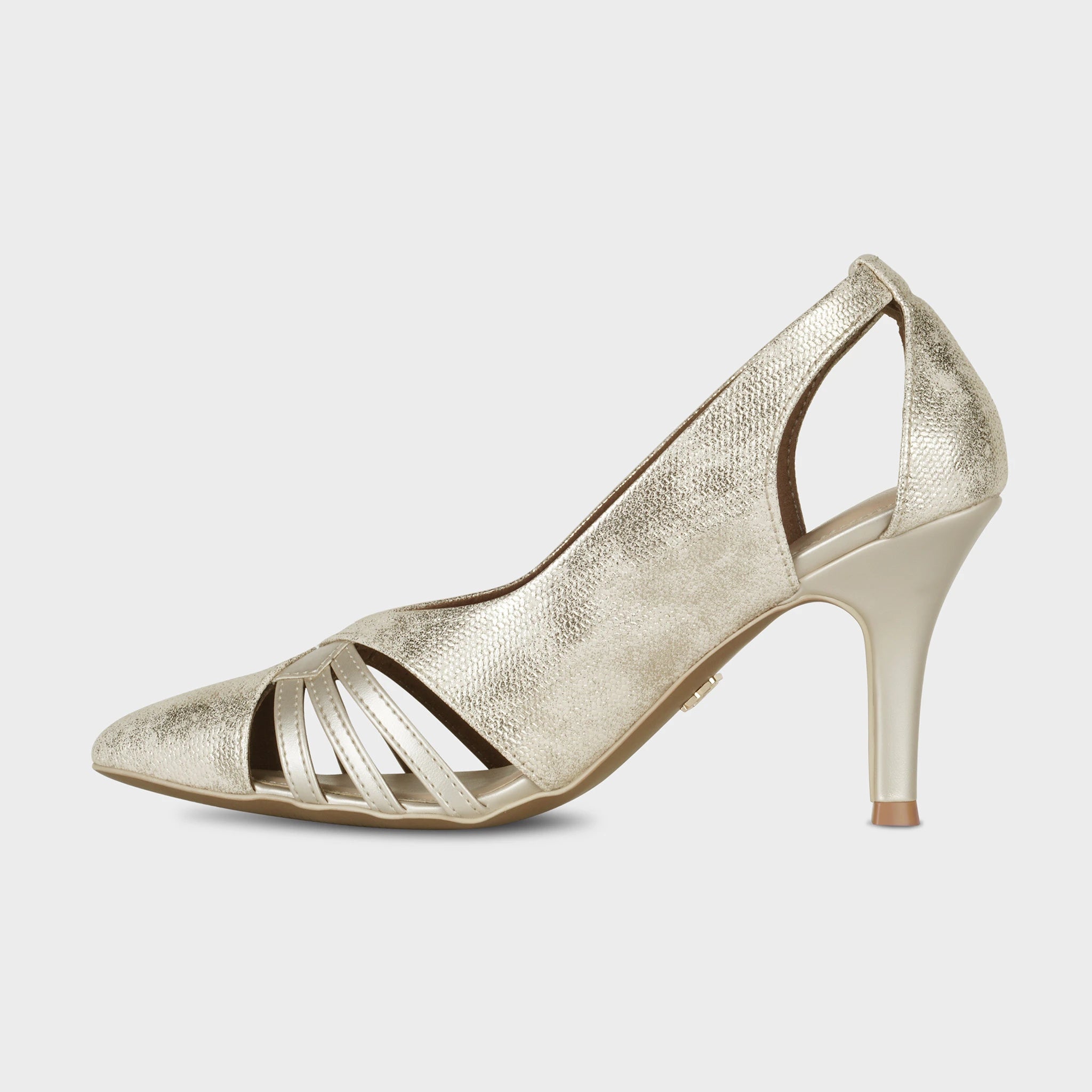 Inner side view of gold Altavie pointed-toe pumps showing the deep side cutout silhouette, textured shimmer upper, and smooth tapered heel - Glentè