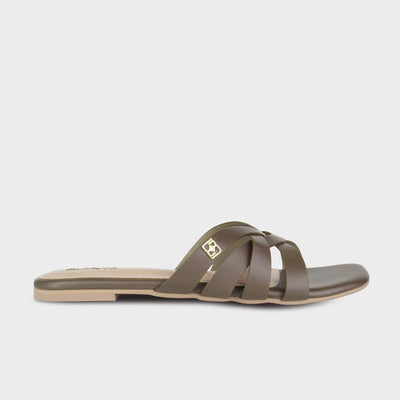 Brown flat slides with woven crossover straps, gold Glentè brand buckle on the top strap, and a square open toe - Glentè Averis