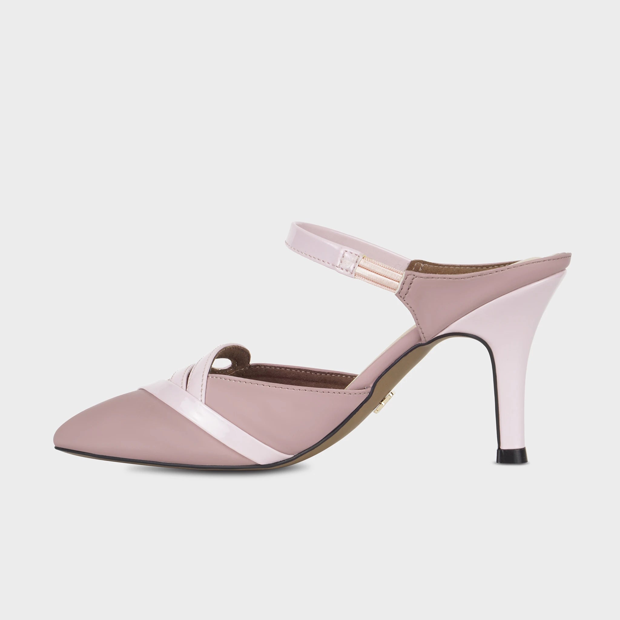 Inner side view of woodrose Eloura heeled ankle strapped pump showing the matte-and-patent two-tone finish, decorative loop accent, slim instep strap, and sculpted heel - Glentè