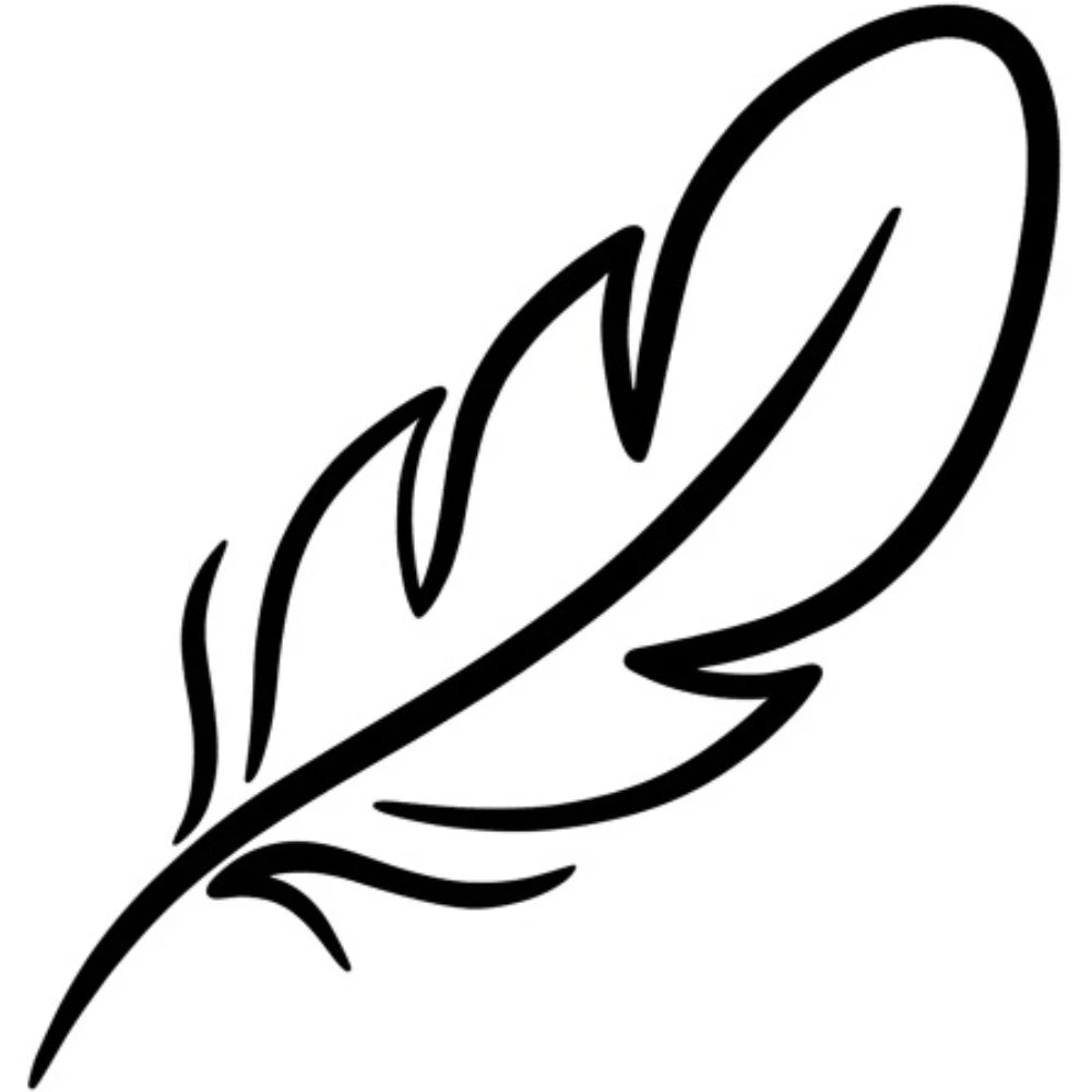 Black line drawing of a feather on a white background