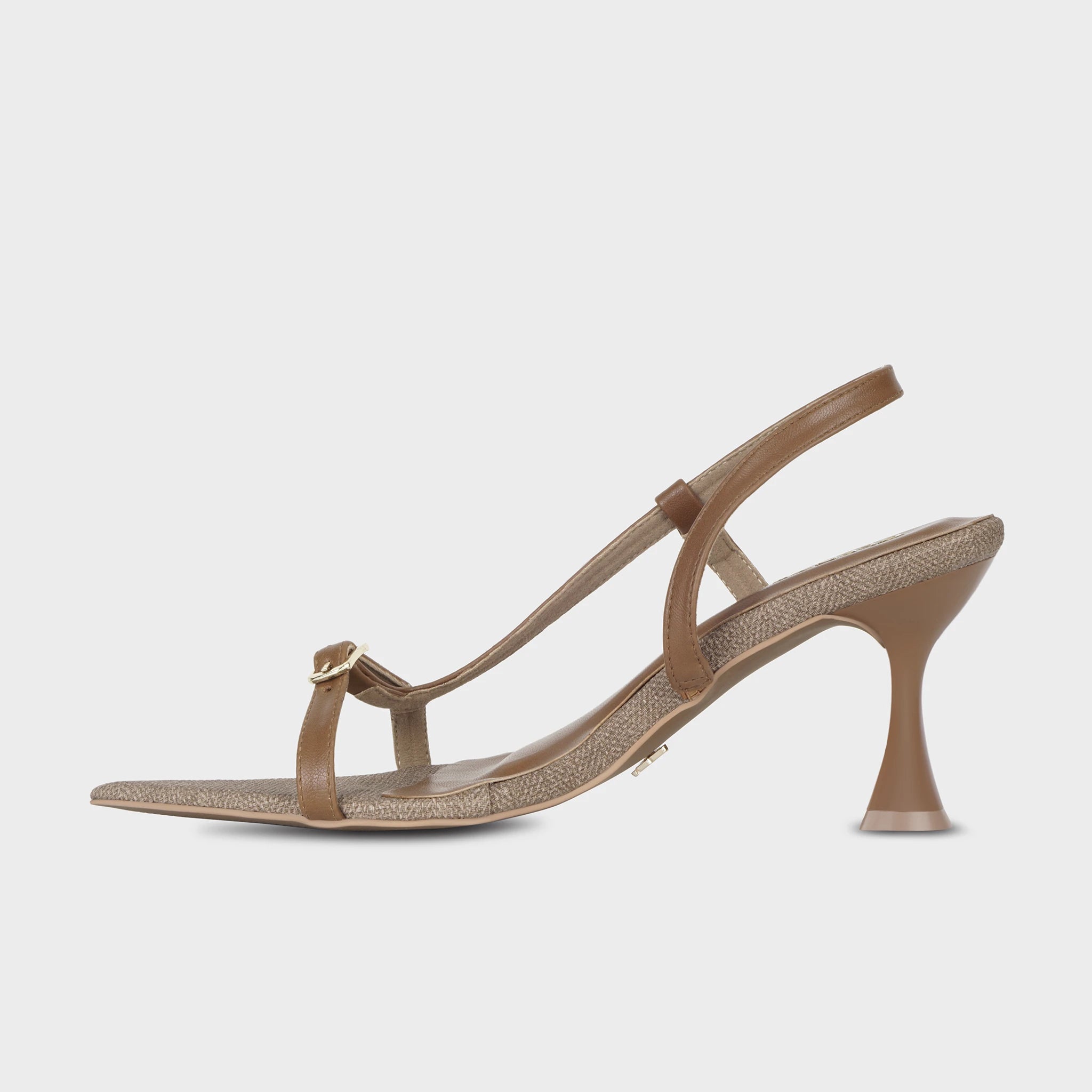 Glentè Sivelle brown sandal left side view - pointed toe, woven fabric upper, caramel leather straps, trumpet-shaped heel
