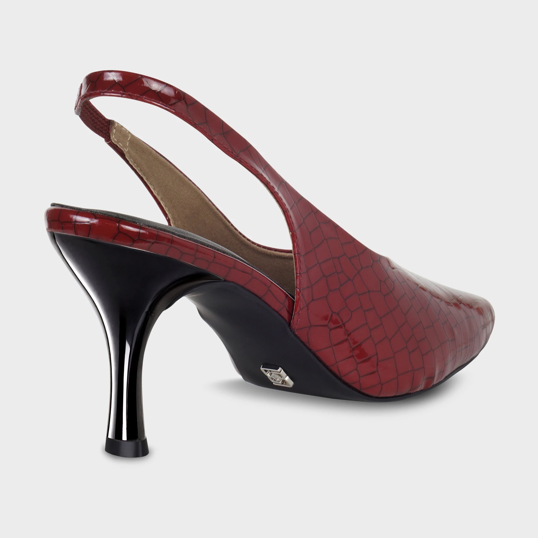Glentè Veliane red slingback heel rear view - open slingback with elasticated strap, black high heel, silver Glentè logo charm on heel counter, croc-emboss patent upper
