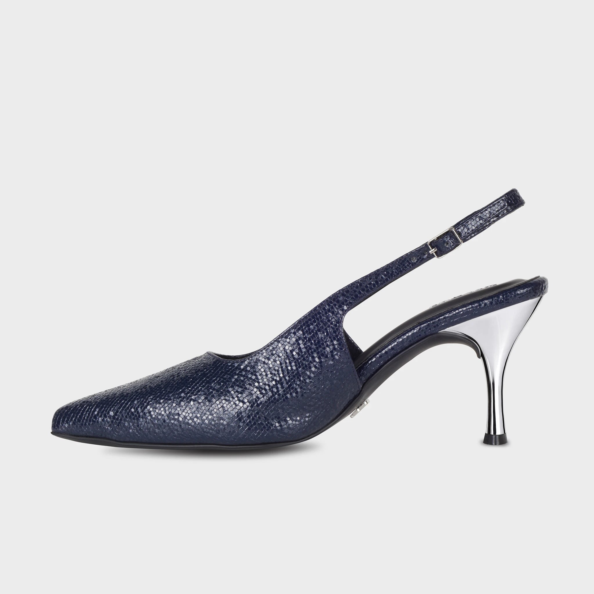 Glentè Vione navy slingback pump left side view - lizard-print glossy upper, sharp pointed toe, adjustable strap with silver buckle, polished chrome sculptural heel, silver logo charm on arch