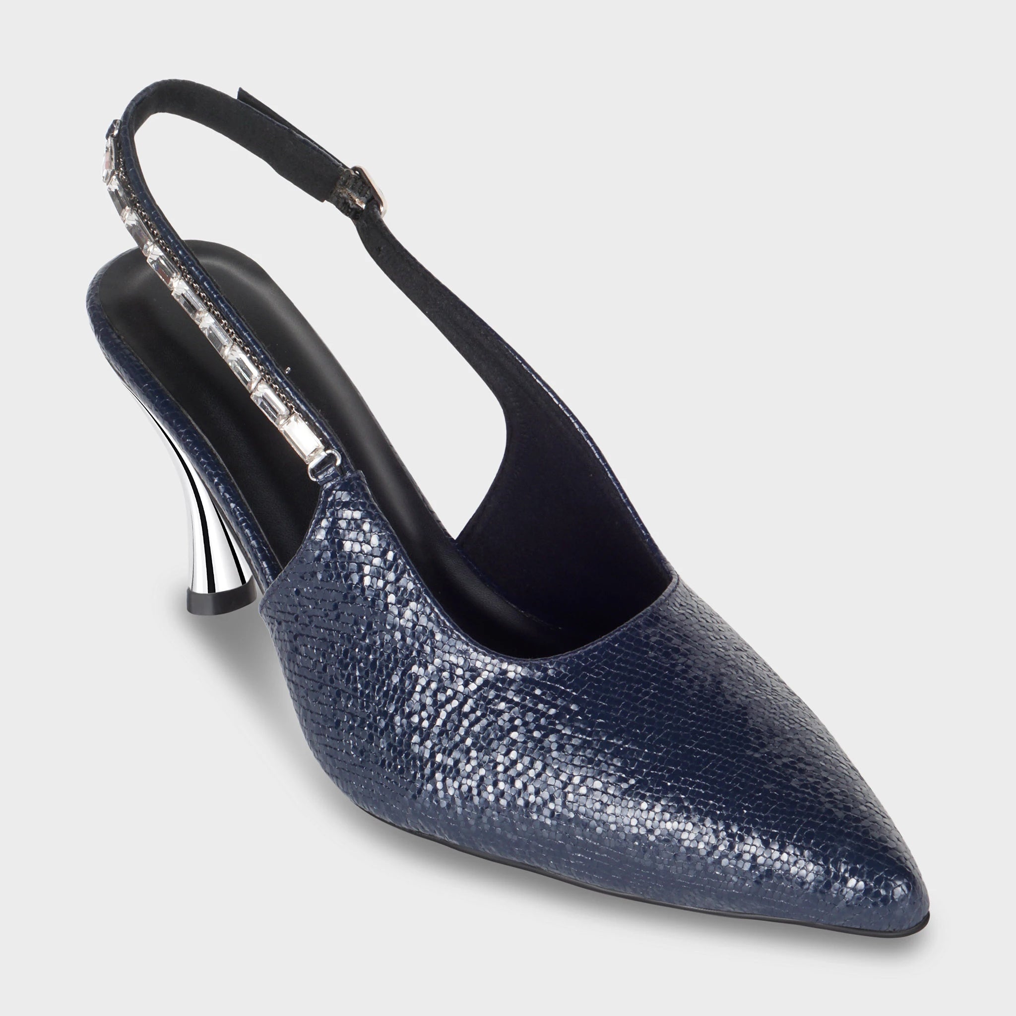 Glentè Vione navy blue slingback three-quarter view - pointed toe pump, metallic lizard-emboss upper, baguette crystal strap detail, black padded insole with Glentè branding, chrome flared heel