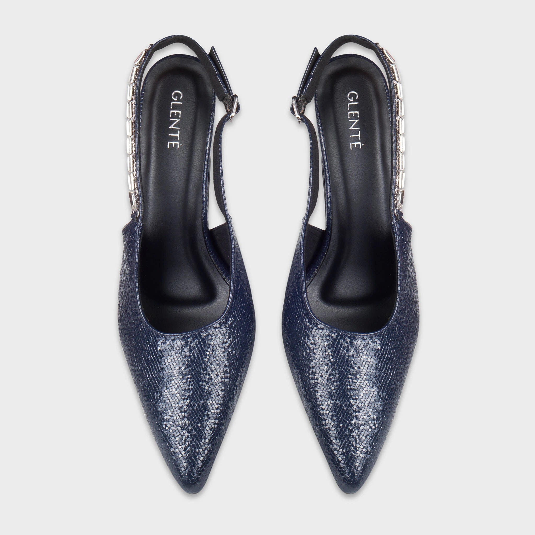 Glentè Vione navy blue slingback pumps pair top view - pointed lizard-emboss toe, baguette crystal-set strap, adjustable buckle, black insole with Glentè silver branding