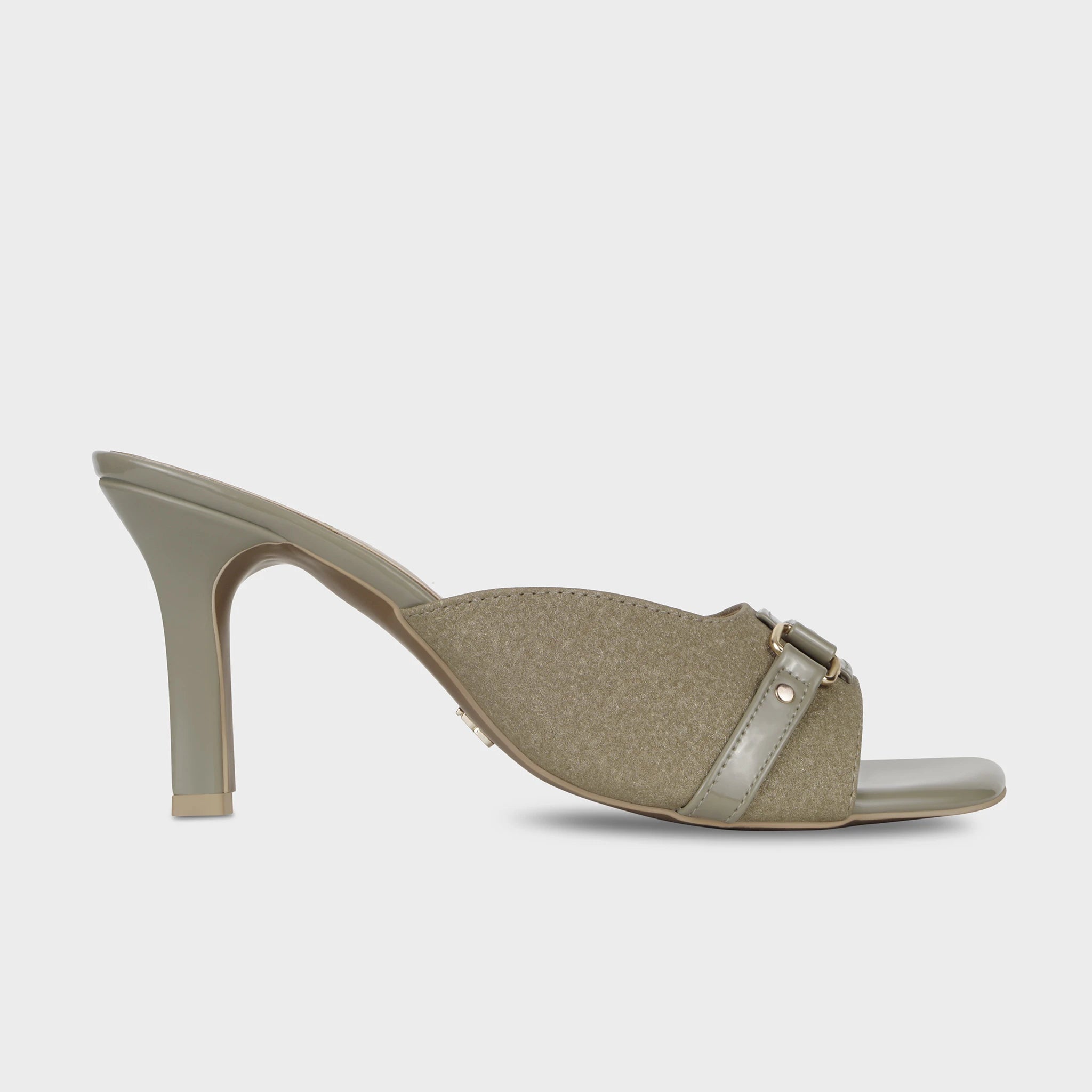 Glentè Viretta sage green heeled mule side view - open toe, suede upper with patent leather harness strap, gold buckle and stud hardware, sculptural flared heel