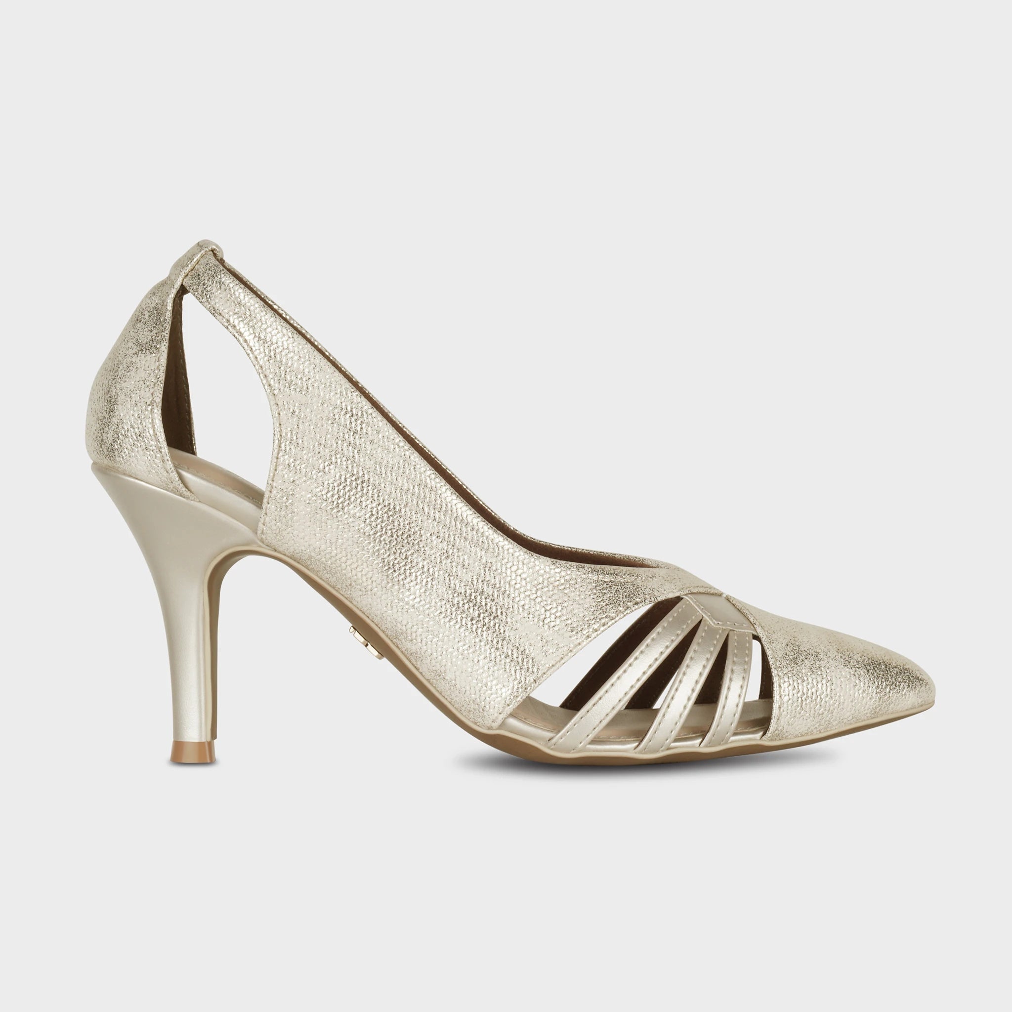 Gold shimmer pointed-toe pumps with cage-style cutout straps at the toe, a sculpted side cutout, and a tapered pump heel - Glentè Altavie