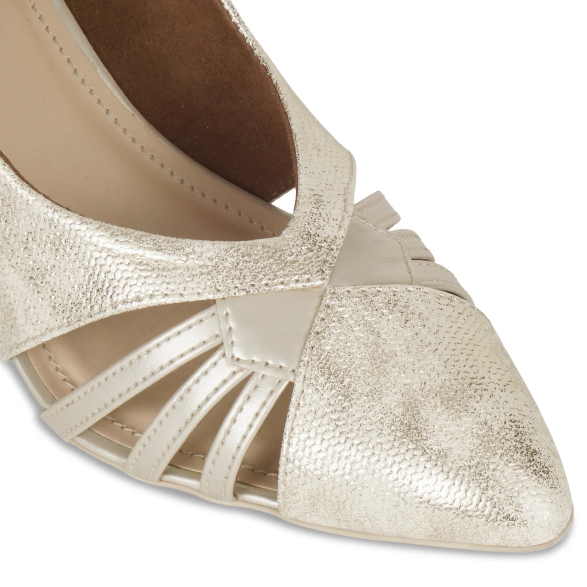 Close-up of the Altavie pointed toe showing the fan-shaped cage cutout straps layered over the shimmer-textured upper, with precision stitching where smooth and textured panels meet - Glentè