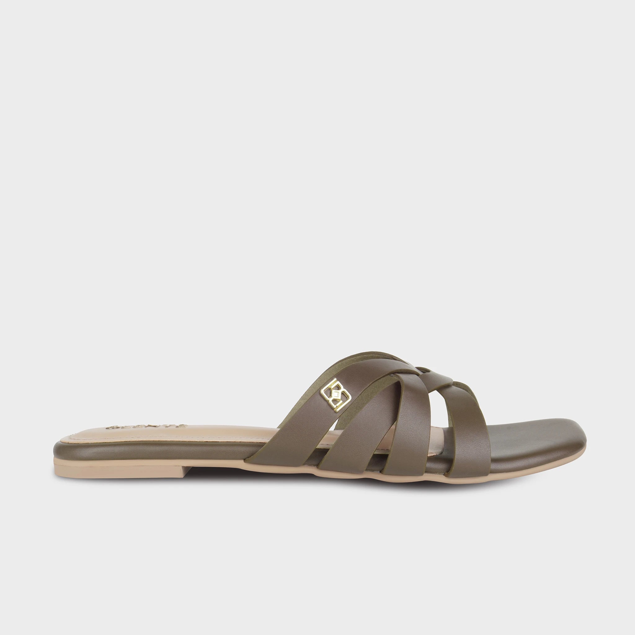 Brown flat slides with woven crossover straps, gold Glentè brand buckle on the top strap, and a square open toe - Glentè Averis