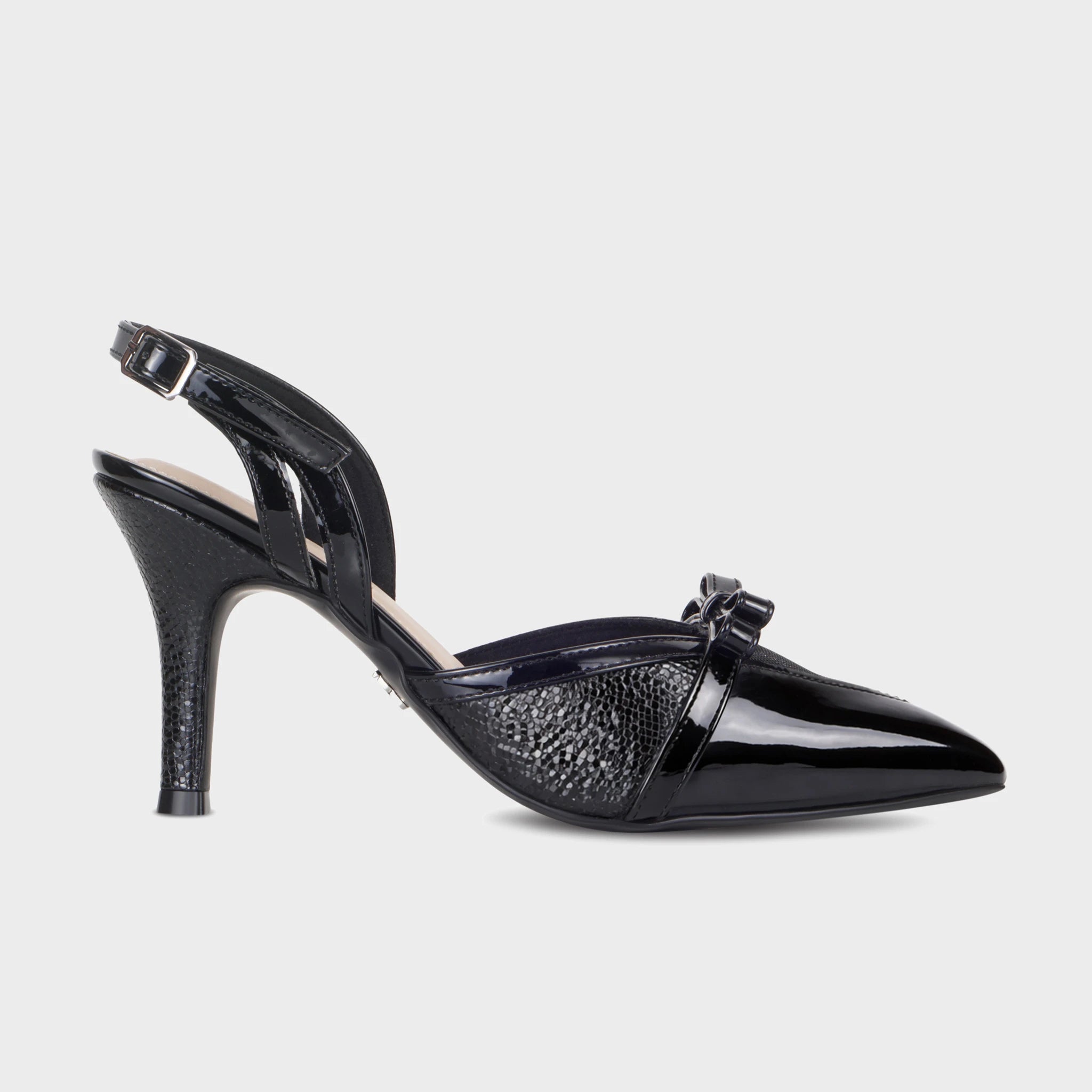 Black patent pointed-toe slingback heels with a snake-embossed panel, sheer mesh triangular insert, patent bow accent, and adjustable buckle closure - Glentè Celestrine