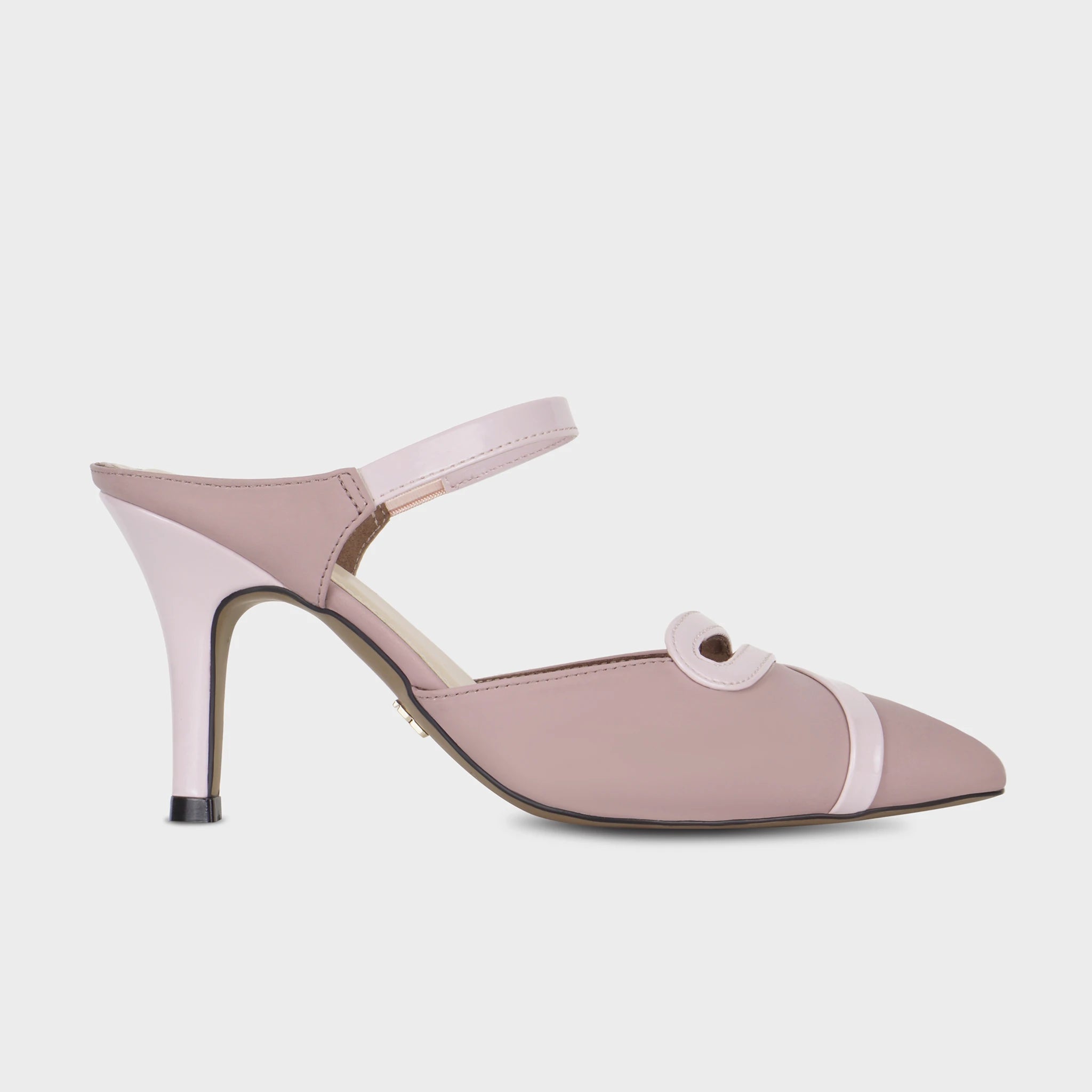 Woodrose pointed-toe heeled ankle strapped pump with a glossy pink loop on the vamp, tonal patent strap across the instep, and a smooth tapered heel - Glentè Eloura