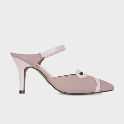 Woodrose pointed-toe heeled ankle strapped pump with a glossy pink loop on the vamp, tonal patent strap across the instep, and a smooth tapered heel - Glentè Eloura