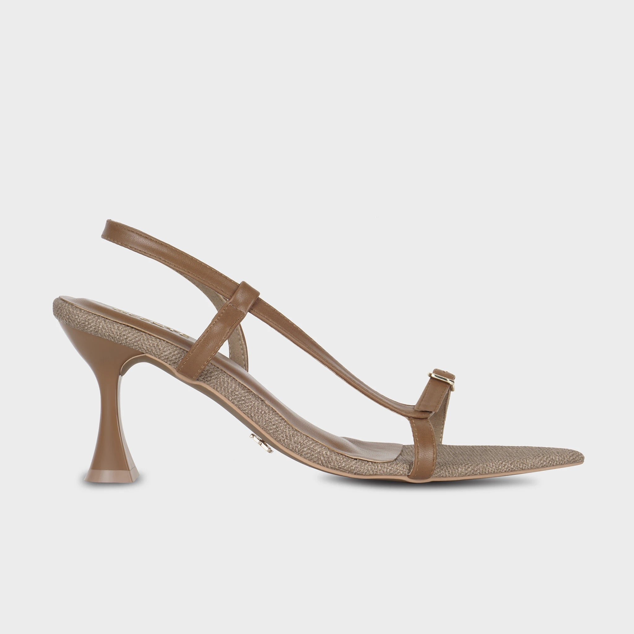 Glentè Sivelle brown slingback heeled sandal side view tan herringbone fabric toe cap, slim leather T-strap with gold buckle, flared sculptural heel