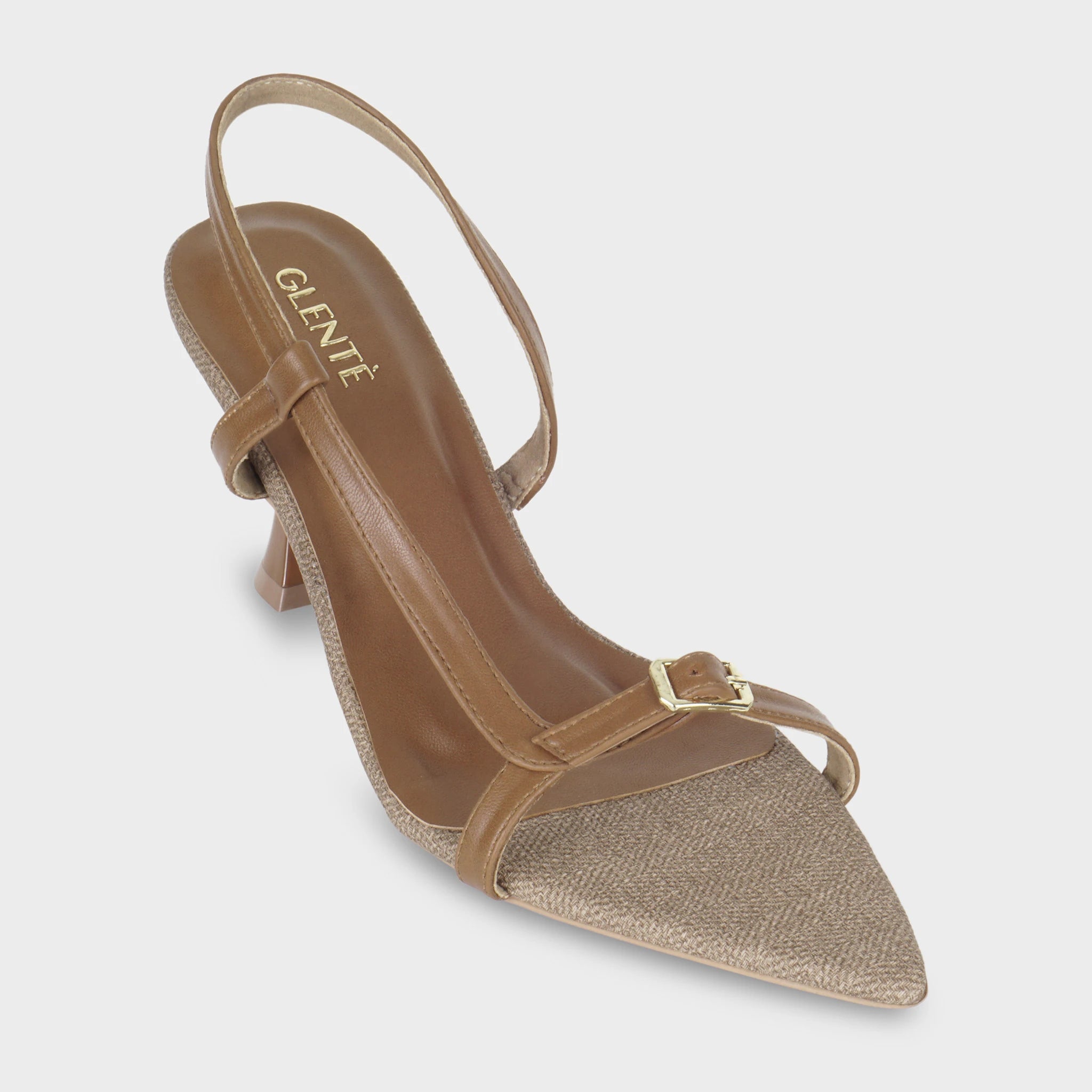 Glentè Sivelle brown heeled sandal three-quarter view - herringbone pointed toe, gold rectangular buckle detail, tan leather lining with Glentè branding, geometric heel