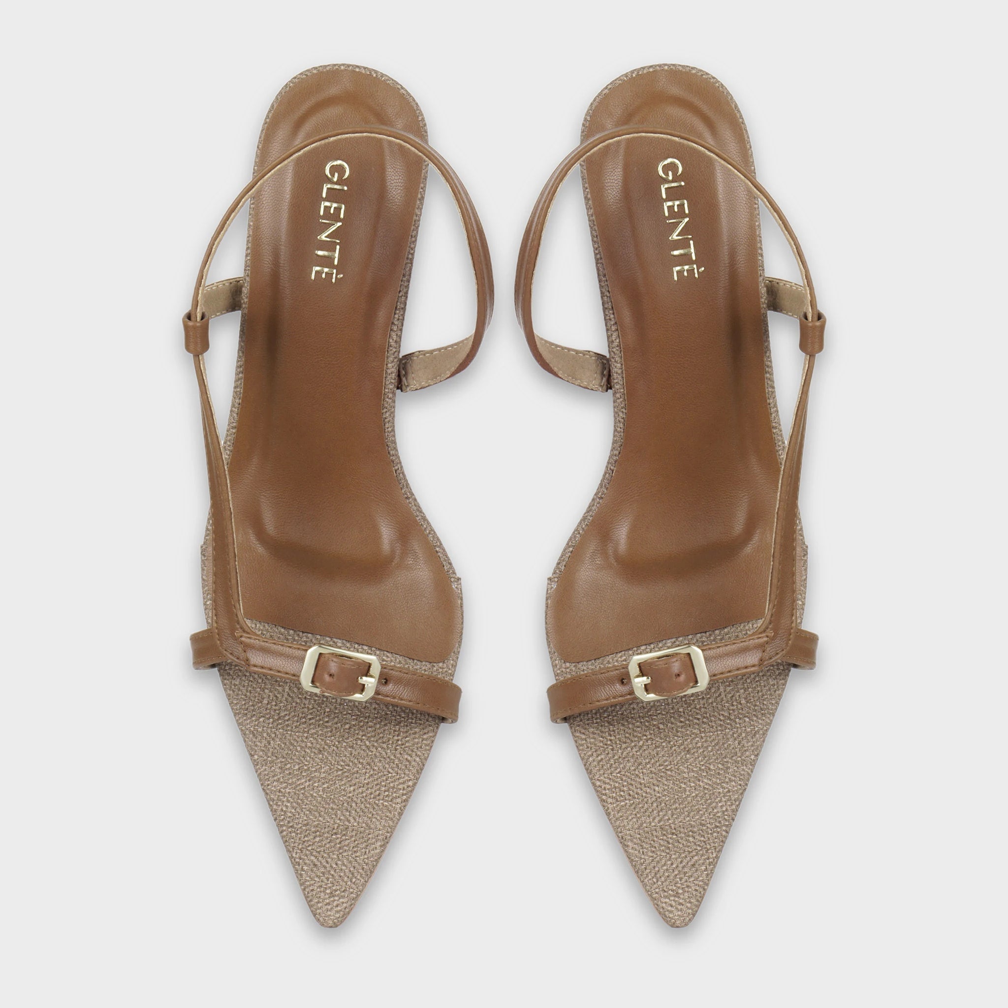 Glentè Sivelle brown sandals pair top view - pointed herringbone toe, slim T-strap with gold buckle, tan insole with Glentè gold branding