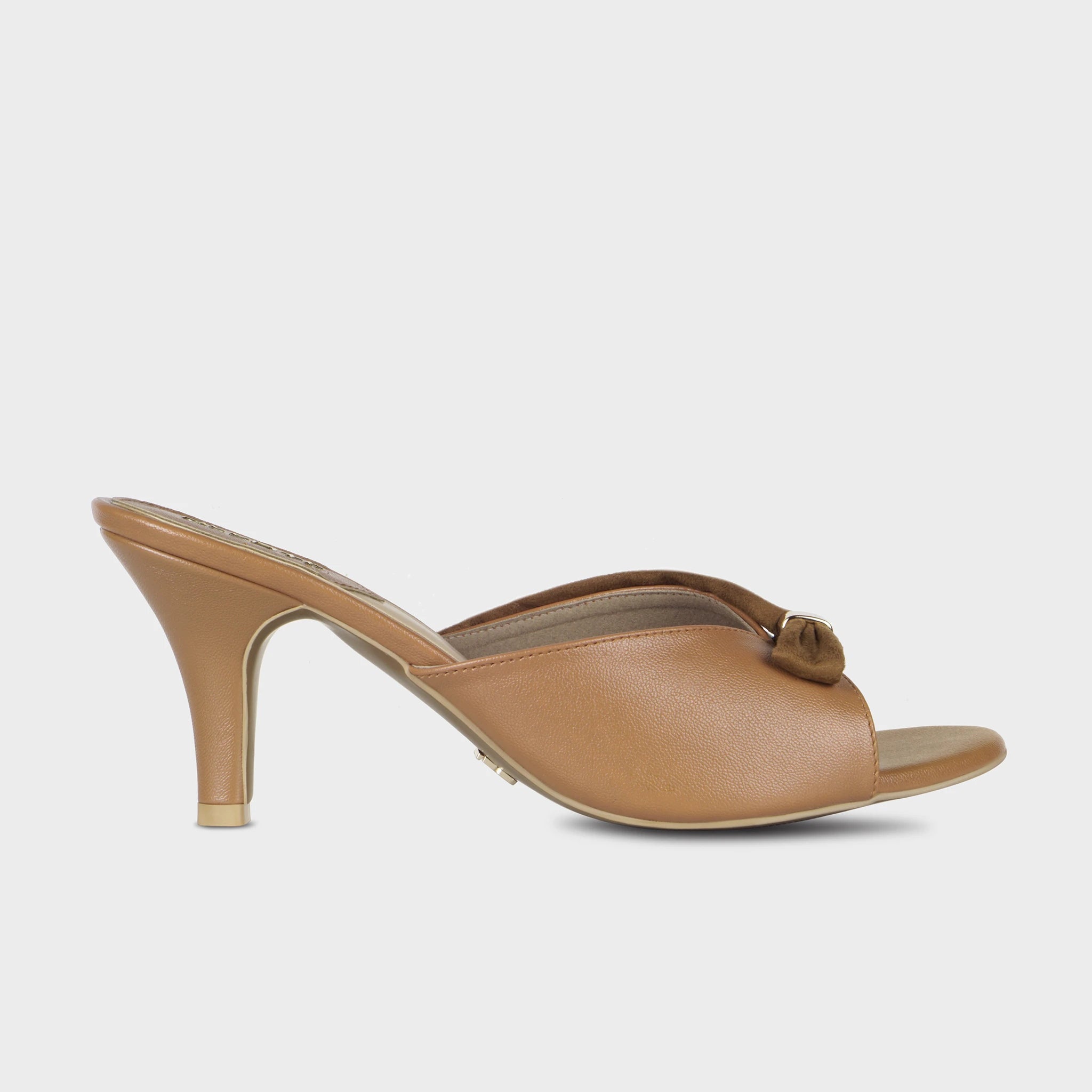 Tan open-toe heeled mules with a dark suede knotted bow accent, gold hardware clasp, and a smooth leather spool heel - Glentè Solviane