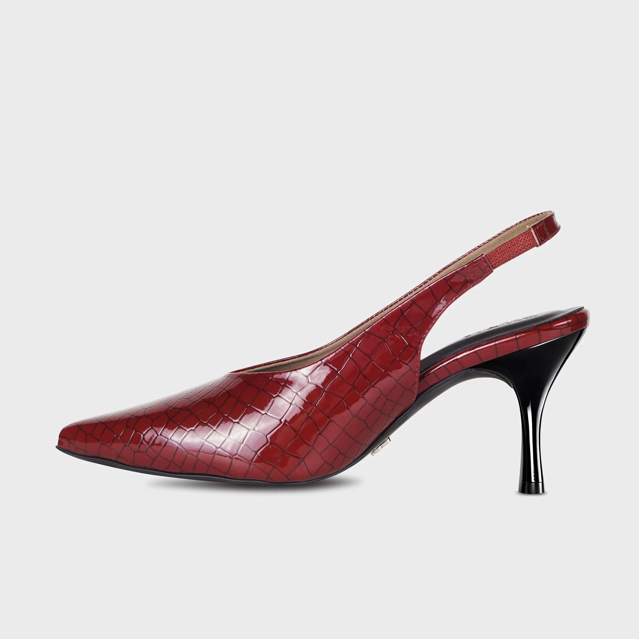 Glentè Veliane red slingback pump left side view - croc-embossed patent upper, sharp pointed toe, open slingback strap, sleek black heel with silver logo charm on arch