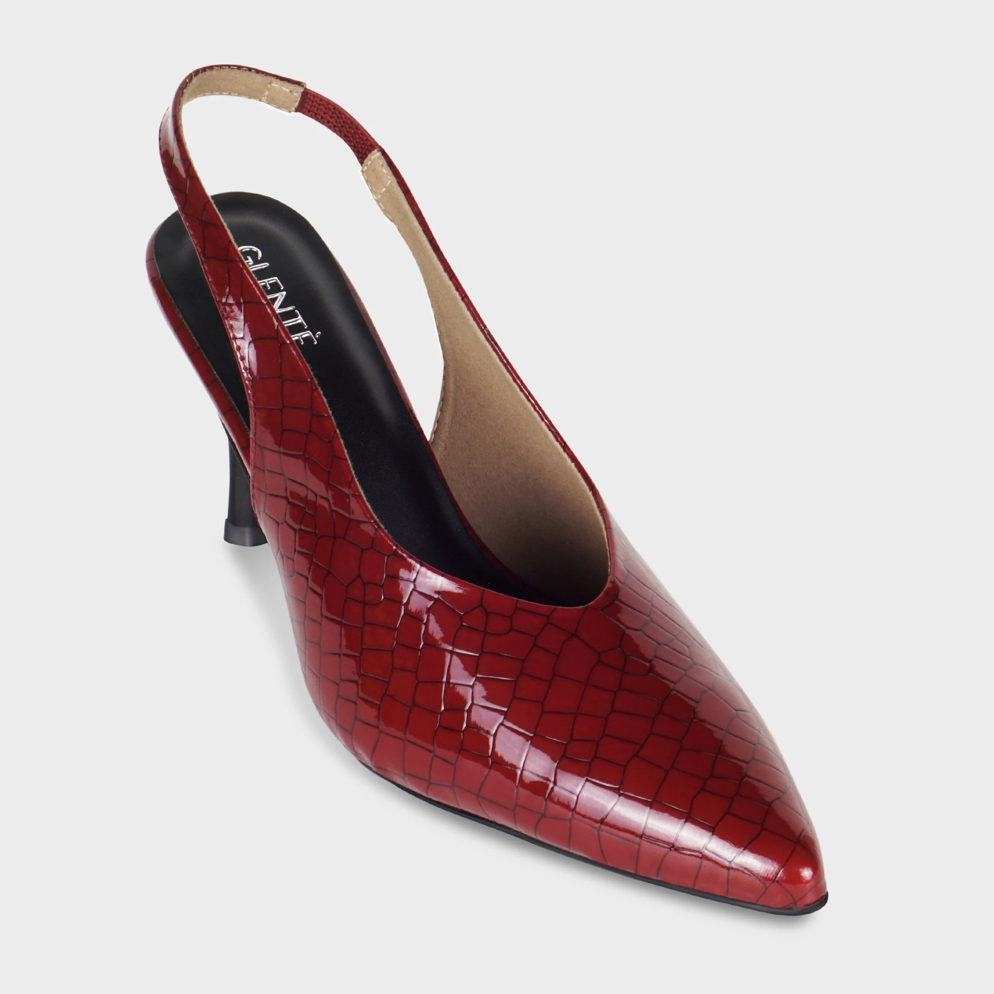 Glentè Veliane red croc-print slingback three-quarter view - pointed toe pump, glossy embossed upper, deep V cut, black padded insole with Glentè white branding, sculptural black heel