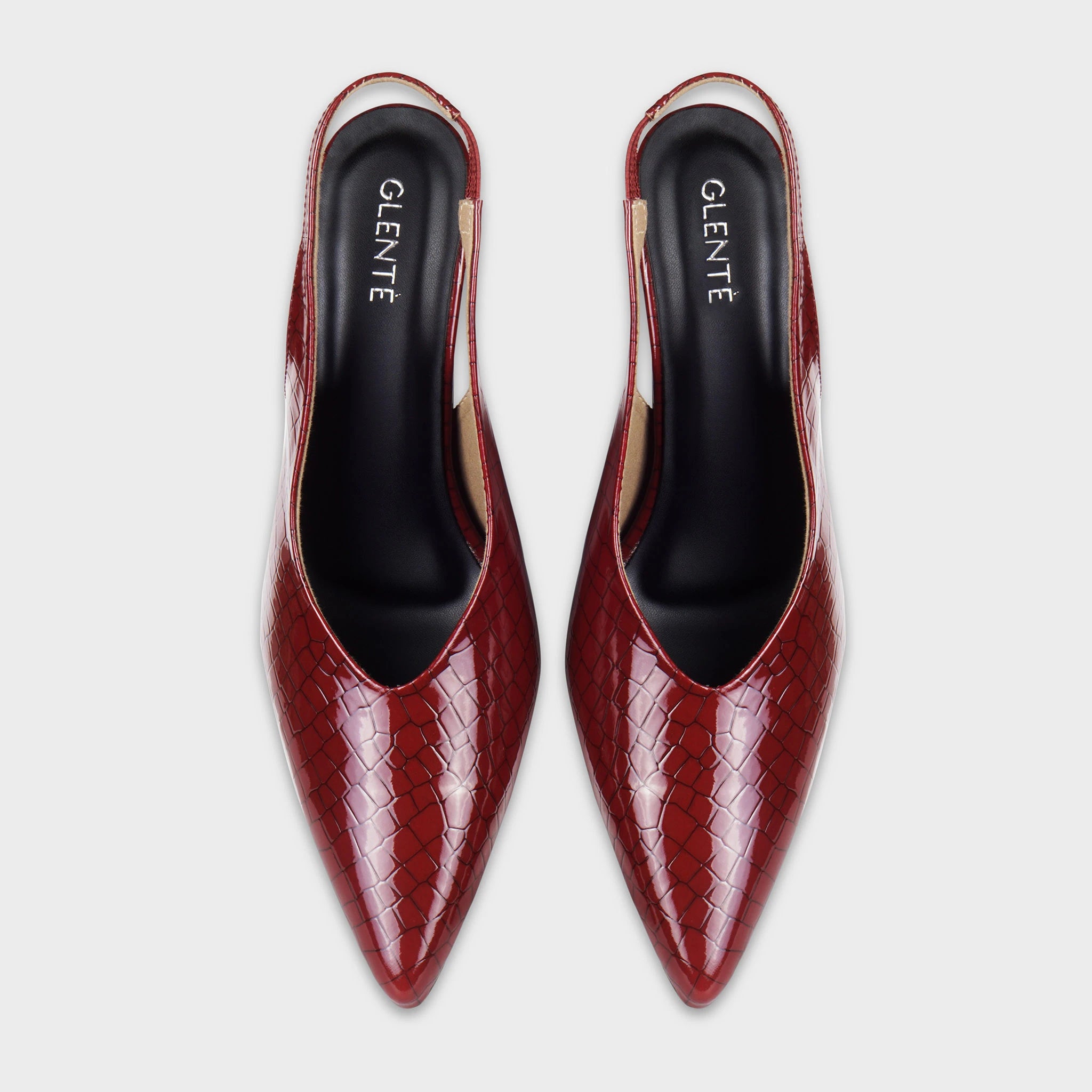 Glentè Veliane red croc-emboss slingback pumps pair top view - sharp pointed toe, deep V vamp, black padded insole with Glentè white branding, open slingback