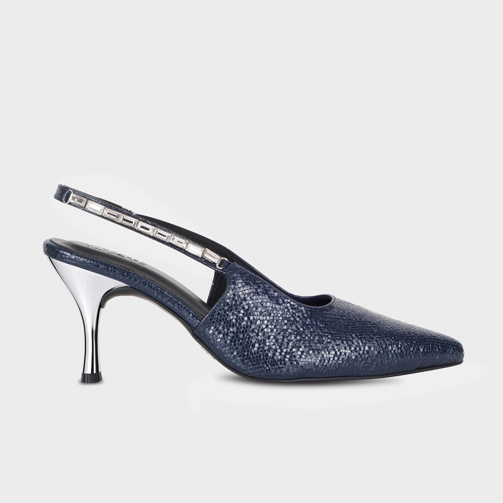 Glentè Vione navy blue lizard-emboss slingback heel side view - pointed toe, metallic-sheen textured upper, baguette crystal-embellished slingback strap, chrome flared stiletto heel
