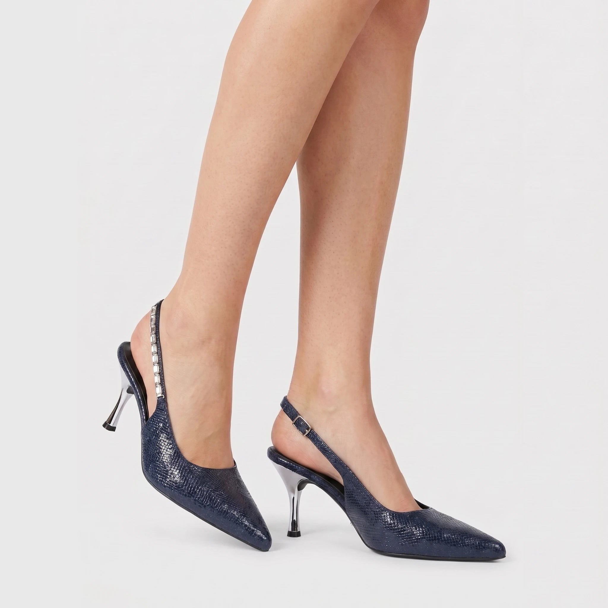 VIONE NAVY BLUE STONE STUDDED SLINGBACK HEEL