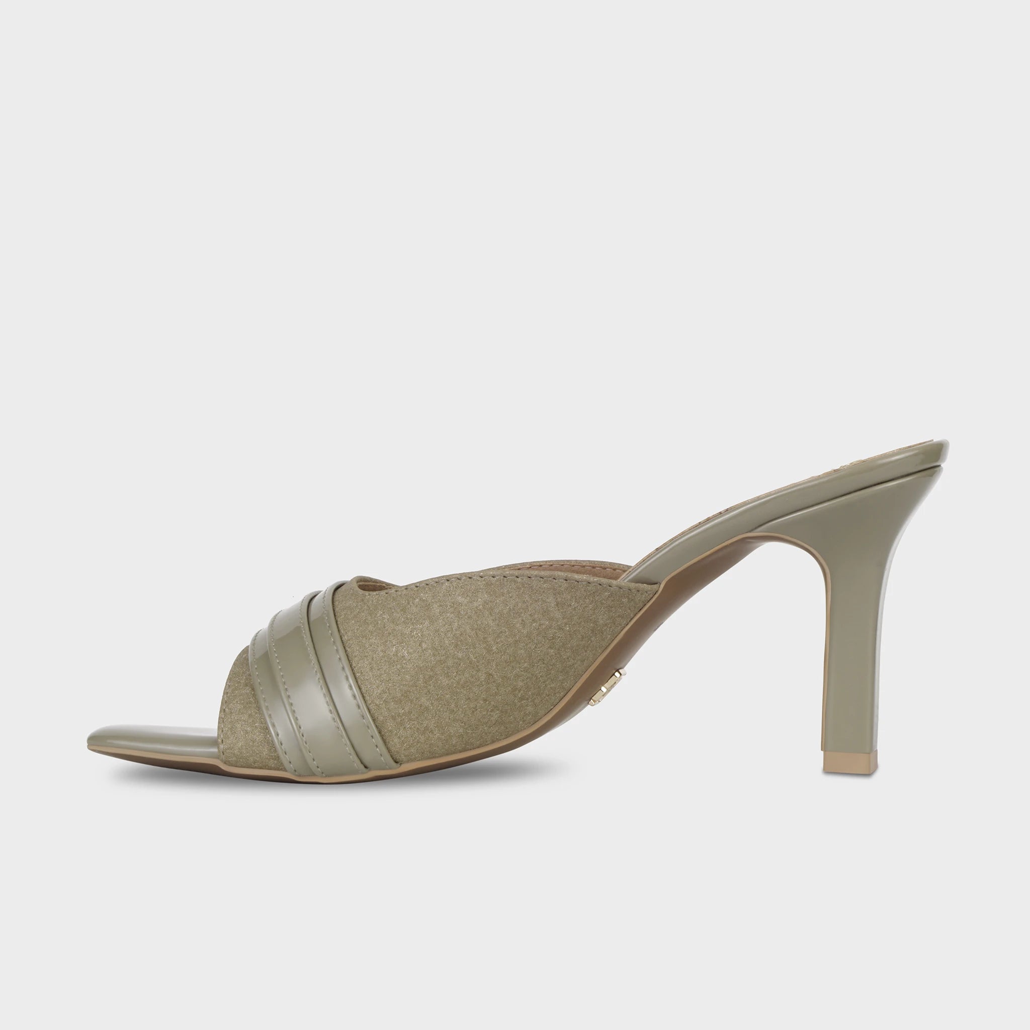 Glentè Viretta sage green mule heel left side view - backless slip-on silhouette, suede vamp with twin patent straps, square open toe, tapered stiletto heel with nude tip