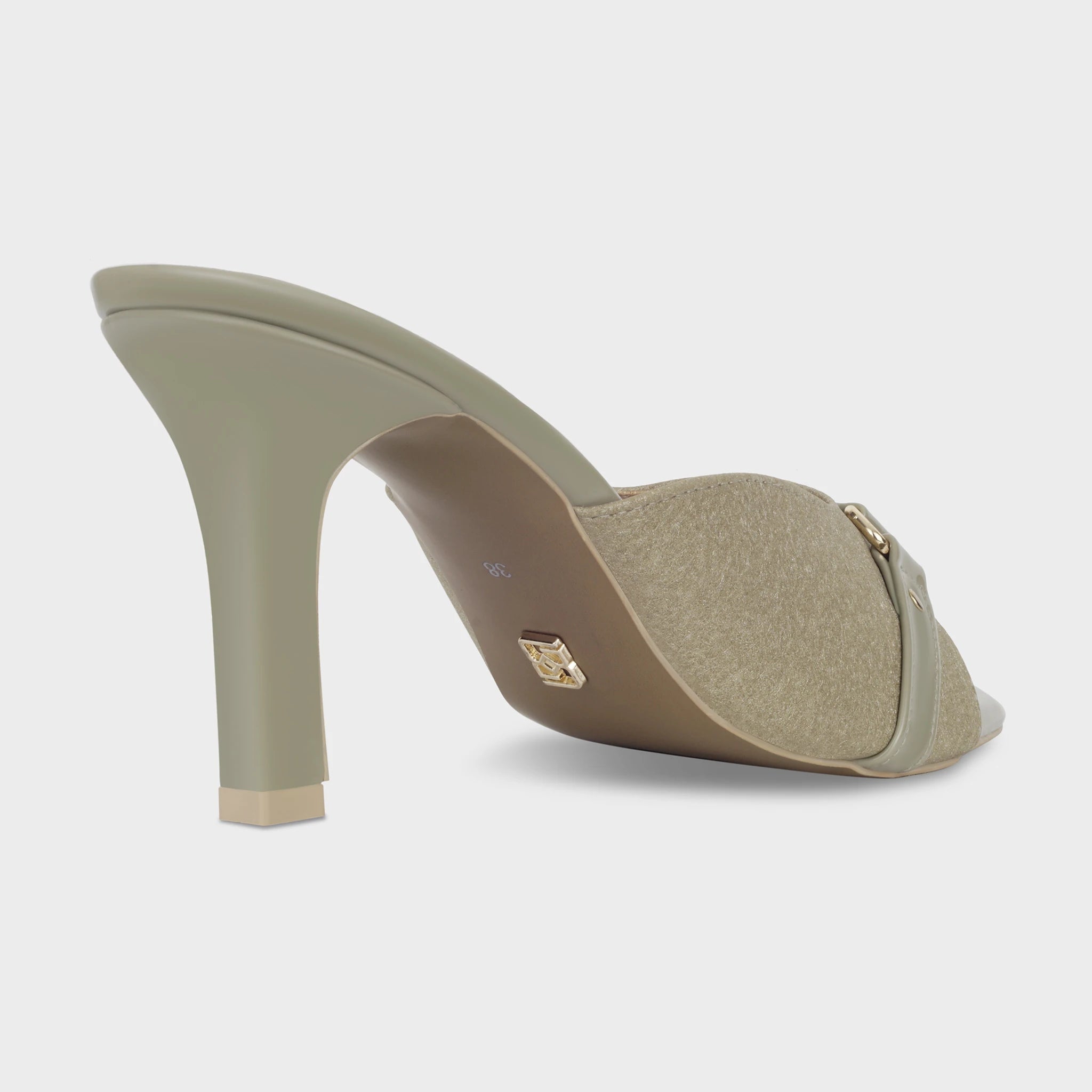 Glentè Viretta sage green mule heel rear view - open backless silhouette, sage patent heel counter, flared sculptural heel, gold Glentè logo charm on arch